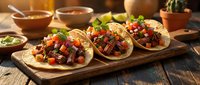 Homemade tacos with seasoned meat, fresh vegetables, and toppings arranged on wooden board for food photography, restaurant menus, cooking blogs, and culinary content.