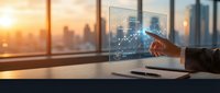 Businessman analyzing financial data on digital screen with city skyline at sunset, representing business analytics, investment strategy and corporate growth for presentations.
