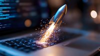 Rocket launching from laptop keyboard with glowing particles and sparks in dark blue atmosphere, symbolizing fast startup and business acceleration.