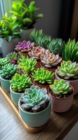 Collection of colorful succulent plants in pastel ceramic pots arranged on wooden tray, featuring echeveria and other varieties with pink and green rosette shapes.