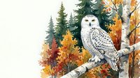 White snowy owl perched on birch branch in autumn forest with colorful fall foliage and evergreen trees for wildlife nature design projects.
