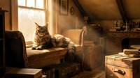 Fluffy tabby cat lounging on wooden bench by sunlit window in rustic attic space with vintage suitcases and warm golden light.