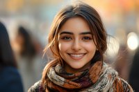 Young woman with radiant smile wearing cozy knitted scarf outdoors on blurred autumn background, natural beauty portrait with warm evening lighting.