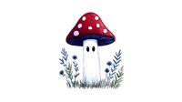 Red and white spotted mushroom with friendly face surrounded by wildflowers and foliage, isolated on white background for design, clipart, and merchandise applications.