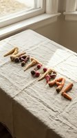 Colorful root vegetables arranged to spell natural on a linen-covered table by a sunlit window, celebrating organic farm-fresh produce.