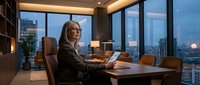 Middle-aged woman with blonde hair and glasses working on laptop at wooden desk in modern high-rise office with panoramic city skyline views at dusk.