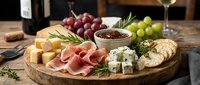 Gourmet charcuterie board with assorted cheeses, cured meats, grapes, crackers and wine for entertaining and appetizer presentation on rustic wooden table.