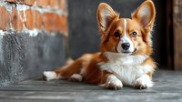 Welsh Corgi Pembroke dog with red and white fur lying on grey floor near brick wall, looking at camera with alert expression and perked ears.