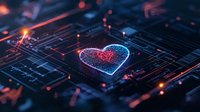 Glowing digital heart shape on circuit board with red and blue neon lights, electronic pathways and connections creating futuristic love concept in dark background.