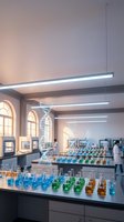 Modern chemistry laboratory with colorful chemical solutions in glassware and scientist conducting research experiments in bright academic setting.