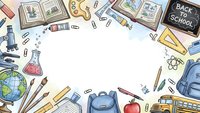 Back to school supplies frame with books, pencils, microscope, globe, backpack, ruler, apple and chalkboard on white background for educational design.