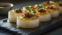 Seared scallops with herbs and spices on dark slate, gourmet seafood appetizer ready for fine dining presentation and culinary marketing materials.