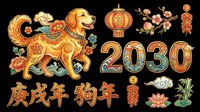 Lunar new year 2030 dog zodiac sign with golden decorative elements, lanterns, and traditional Asian ornaments isolated on transparent background for t-shirt design, clipart, and print-on-demand products.