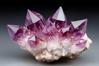 Purple amethyst crystal cluster formation with pointed prismatic crystals emerging from white mineral base, showing natural geometric growth pattern and translucent properties.