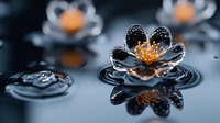 Dramatic black glass flower with golden center floating on dark reflective water surface creating ripple patterns and mirror effects in moody atmosphere.