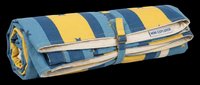 Striped tool roll organizer in blue and yellow with canvas material, featuring multiple compartments and straps for storage and portability on transparent background, ready for clipart, print-on-demand products, and design projects.