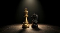 Golden king and black knight chess pieces facing each other on wooden board under dramatic spotlight creating strategic business competition concept.