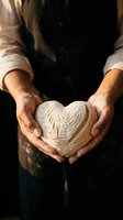 Baker hands holding heart-shaped bread dough with flour dust in warm kitchen lighting for artisan baking and homemade cooking concepts.