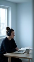 Young woman with dark hair in a bun, wearing black headphones and dark clothing, sitting at a wooden desk with laptop and notebook in a bright, minimalist room with large window.