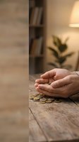 Protective hands cupping golden coins on wooden table in warm home interior representing financial security and wealth protection concept.