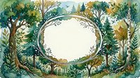 Watercolor forest frame with lush green trees and foliage creating oval border on cream background for nature-themed designs and botanical projects.