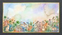 Watercolor illustration of rabbits and garden animals among wildflowers and plants with soft pastel sky, suitable for children's books, nursery decor, and greeting cards.
