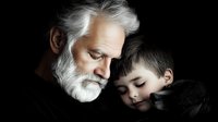 Tender moment between grandfather and sleeping grandson on black background, emotional family portrait showing love and care between generations.