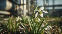 Delicate white snowdrop flower blooming in early spring garden with soft bokeh background and morning sunlight filtering through petals and leaves.