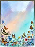 Colorful butterflies and wildflowers border frame on iridescent holographic background for spring summer designs and nature themed projects.