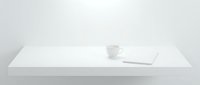 Minimalist white desk workspace with empty coffee cup and notepad on clean surface for office and business design projects.