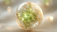 Glowing transparent sphere with golden wire network and green lights on blurred bokeh background for technology and science concepts.