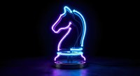 Glowing neon chess knight piece in blue and purple light on dark background for gaming and strategy concepts.