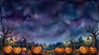 Spooky Halloween night scene with glowing jack-o-lanterns, bare trees, cemetery tombstones under starry purple sky for seasonal decorations and designs.