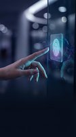 Person with medium skin tone using biometric fingerprint authentication on futuristic digital interface for security access and identity verification technology applications.