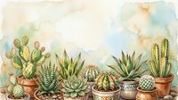 Watercolor illustration of potted cacti and succulents in terracotta containers arranged in a row, featuring prickly pear, aloe, and barrel varieties with soft green and earth tones.
