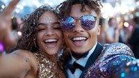 Young African American couple celebrating at party with glitter and sparkles. Woman in gold sequin dress and man in tuxedo with reflective sunglasses taking selfie, genuine joy.