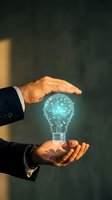 Businessman hands protecting glowing digital lightbulb with network connections representing innovation, creativity and intellectual property protection.