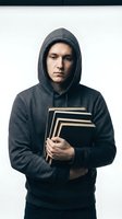 Young male student of South Asian descent wearing dark gray hoodie holding stack of books against white background for education and learning concepts.
