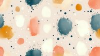 Abstract watercolor spots in coral pink, teal blue and mustard yellow create seamless pattern on cream background with scattered ink dots and splashes for modern design.