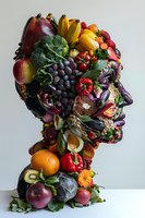 Creative human head silhouette made from fresh fruits and vegetables on light background, representing healthy eating and nutrition concept.