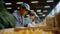 Factory workers in protective uniforms and caps inspect products on assembly line. Industrial quality control process shown in manufacturing facility with overhead lighting.