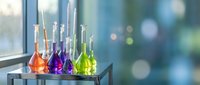 Colorful laboratory glassware with chemical solutions on metal table near window. Scientific research equipment for experiments and analysis in modern lab.