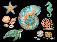 Nautilus shell, starfish, seahorse, sea turtle, seashells, coral, and treasure chest isolated on transparent background. Ready for t-shirt design, clipart, stickers, sublimation, and print-on-demand projects.
