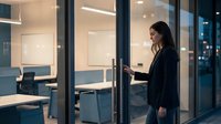 Professional businesswoman using smartphone outside modern glass conference room in corporate office building at evening.