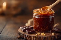 Golden honey dripping from wooden dipper into glass jar on rustic wood board with dark chocolate pieces creating warm artisanal kitchen scene.