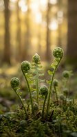 Young fern fronds unfurling in spring forest with golden sunlight filtering through trees creating warm bokeh background on moss covered ground.