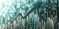 Digital financial growth chart with upward arrow trend over binary code matrix background for business analytics and market success presentations.
