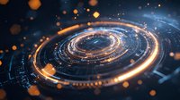 Futuristic circular interface with glowing orange and blue light trails against dark background, featuring digital grid patterns and floating particles.