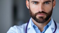 Confident male medical professional with beard and blue eyes wearing white coat and blue shirt against blurred background, looking at camera with serious expression.