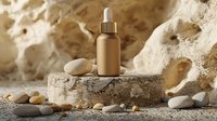 Gold cosmetic dropper bottle on concrete podium with pebbles and textured stone background, minimal luxury skincare product photography for beauty brands.